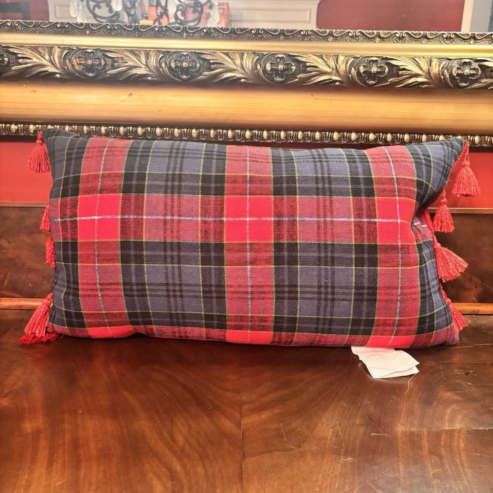 Christmas Plaid Tree Pillow Red‎ Tassel Lumbar 24x14 Holiday Farmhouse Decor